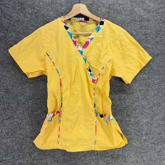 Sherly Scrub Top Women S Small Yellow V-Neck Short Sleeve Pockets Cotton Uniform - Picture 1 of 7
